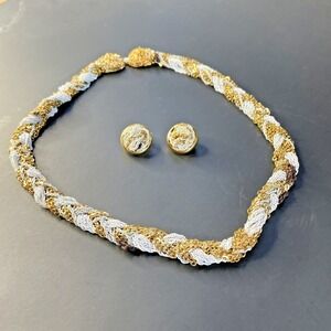 Vtg Eisenberg Statement Necklace & Earrings Gold Tone & White Chain Lions Repair